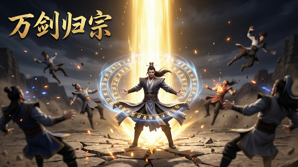 主体:《六界仙尊》战斗场面截图,展示主角释放大招时的炫酷特效,一道金色光柱从天而降,周围敌人被震飞。布局:主角位于画面中央,身体周围环绕着旋转的符文,敌人呈扇形分布在周围。排版:技能名称“万剑归宗”以金色草书字体显示在画面左上角。风格:热血战斗写实风格,特效光影强烈。细节:地面有裂纹,空气中有能量粒子飘散,主角衣袍被气浪吹起。画质:1080P高清,画面干净,无多余元素。
