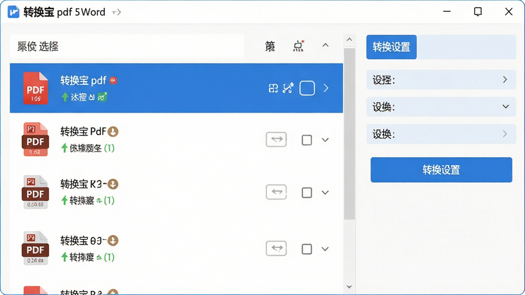 主体:转换宝pdf转word软件主界面,显示PDF文件列表和转换按钮,界面整洁有序,布局:左侧为文件选择区域,右侧为转换设置面板,排版:功能区块分明,图标清晰,风格:现代化扁平设计,色彩以蓝色和白色为主,细节:每个文件旁有格式转换状态标识,画质:高清,干净,无多余元素