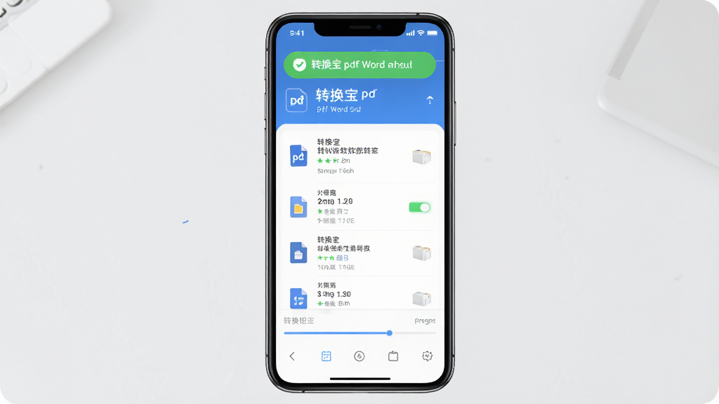 主体:转换宝pdf转word软件在手机上的运行界面,显示文件转换列表和进度,布局:手机屏幕居中展示,排版:简洁清晰,风格:移动端UI设计,细节:状态栏显示转换成功提示,画质:高清,干净,无多余元素
