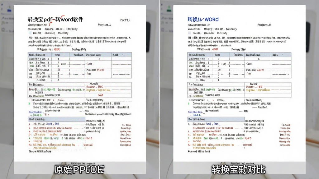 主体:转换宝pdf转word软件转换效果对比图,左侧为原始PDF文件,右侧为转换后的Word文档,布局:左右并排展示,排版:清晰对比,风格:真实截图风格,细节:文档内容完全一致,表格对齐,画质:高清,干净,无多余元素