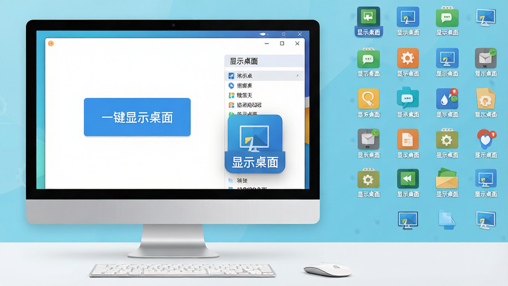 主体:电脑屏幕前整洁的桌面界面,上面有“显示桌面”软件的悬浮窗和图标,布局:左侧为软件主界面,右侧为桌面图标排列,排版:清晰展示一键显示桌面按钮和功能列表,风格:现代扁平化设计,色彩明亮,细节:图标上有“显示桌面”字样,画质:高清,干净,无多余元素