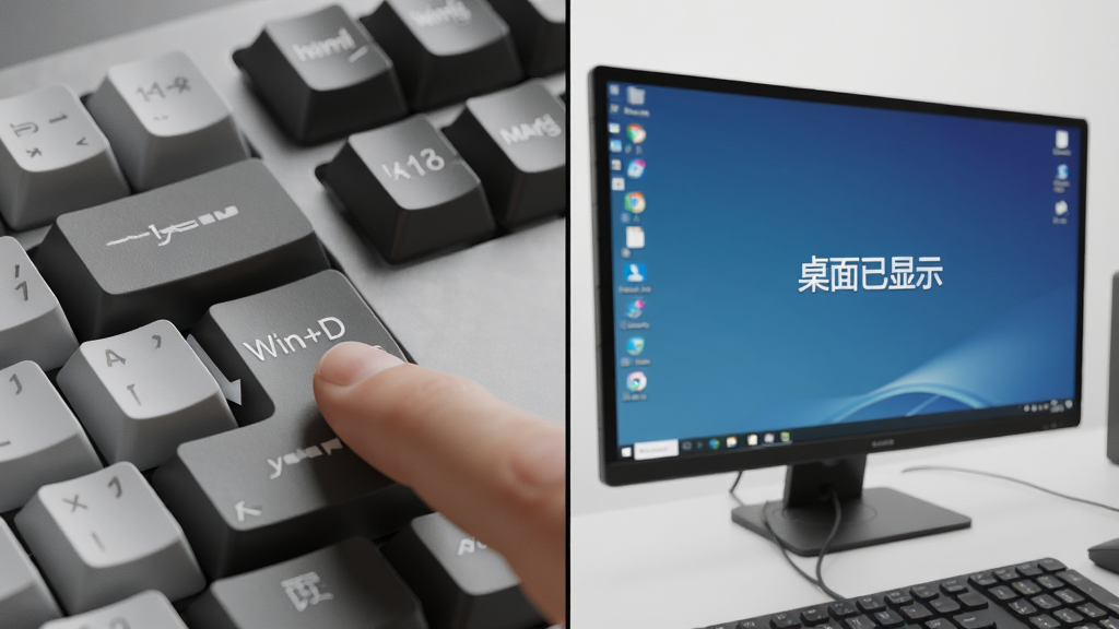 主体:电脑键盘上手指按下“Win+D”键,屏幕瞬间显示桌面,布局:键盘特写与屏幕变化并列,排版:左侧键盘,右侧屏幕,风格:写实与3D结合,细节:屏幕上有“桌面已显示”字样,画质:高清,干净,无多余元素