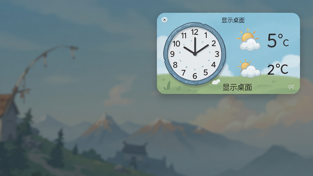主体:桌面右上角悬浮的天气和时间挂件,显示“显示桌面”软件名称,布局:挂件在桌面背景上,排版:左侧为时钟,右侧为天气图标和温度,风格:小清新插画风,细节:挂件上有“显示桌面”字样,画质:高清,干净,无多余元素