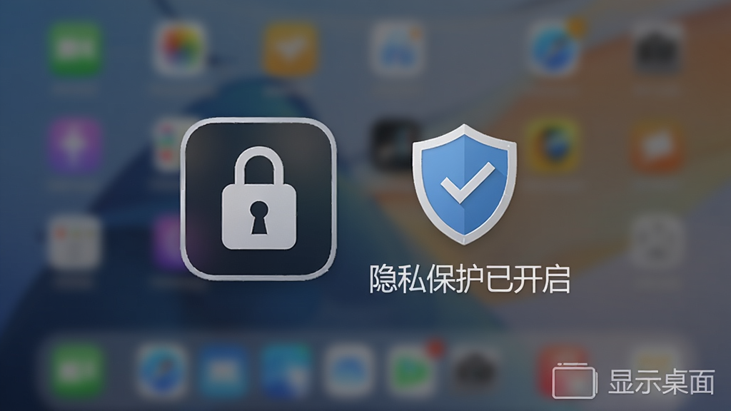 主体:一个锁屏图标和盾牌图标,旁边有“隐私保护已开启”字样,布局:图标居中,背景为模糊的桌面,排版:简洁居中,风格:安全防护风格,细节:有“显示桌面”软件水印,画质:高清,干净