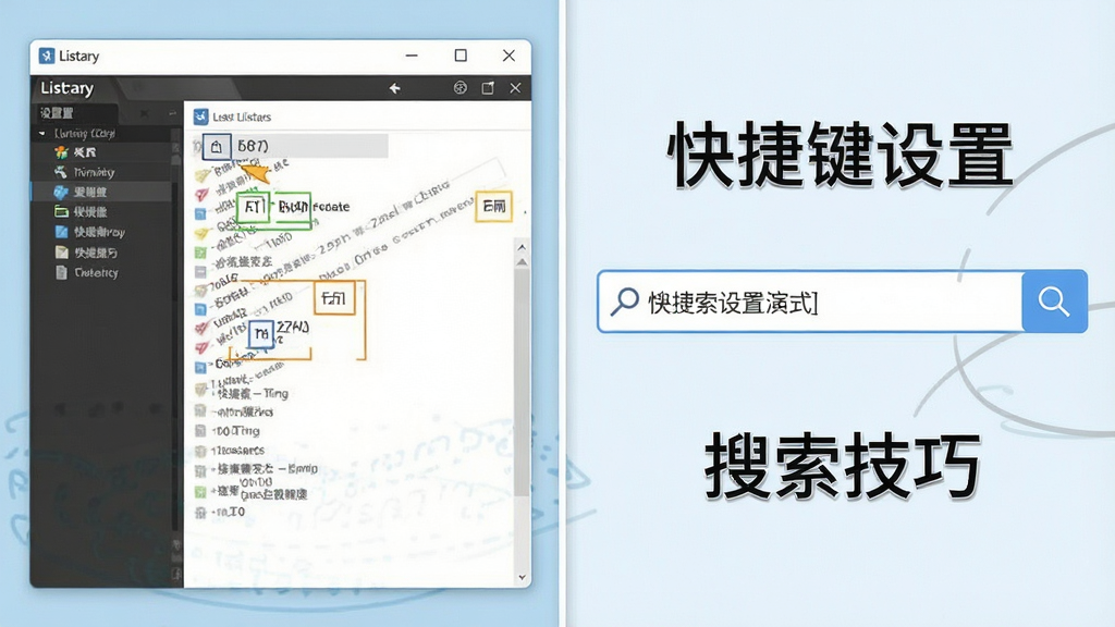 一张教程风格的图片,画面左侧为Listary设置界面,右侧为搜索框操作演示,标注有“快捷键设置”与“搜索技巧”文字说明,整体风格简洁,画质清晰,无多余元素