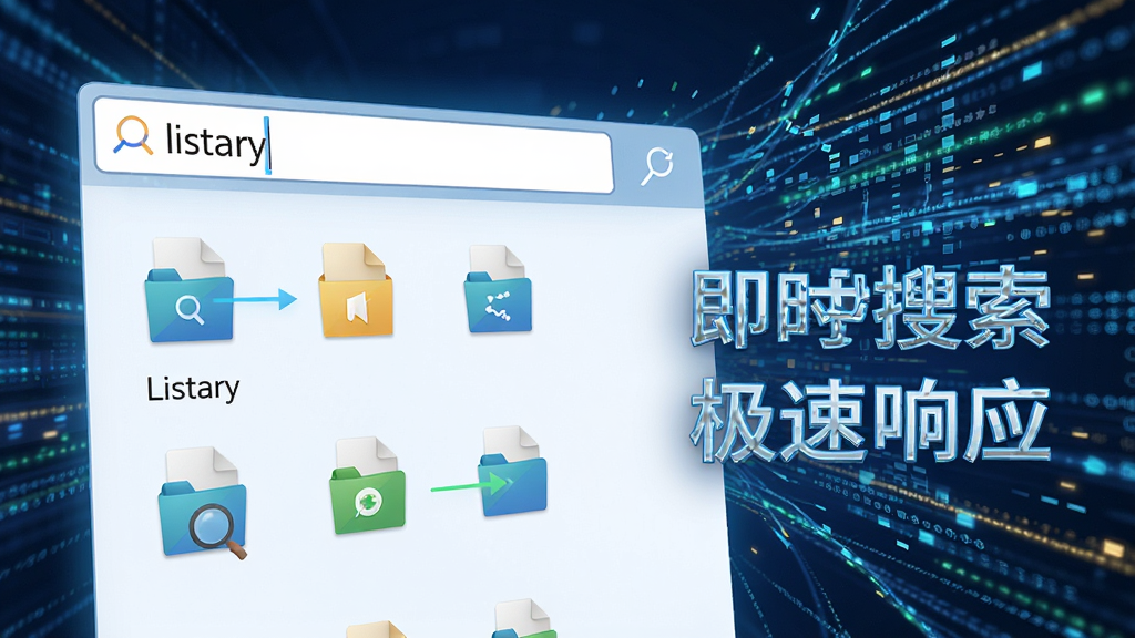 一张动态效果图风格的图片,画面中Listary搜索框内输入关键词后,下方立即列出多个匹配文件图标,背景是高速数据流动的抽象线条,强调“即时搜索”与“极速响应”,整体色调明亮,画质干净,无多余元素