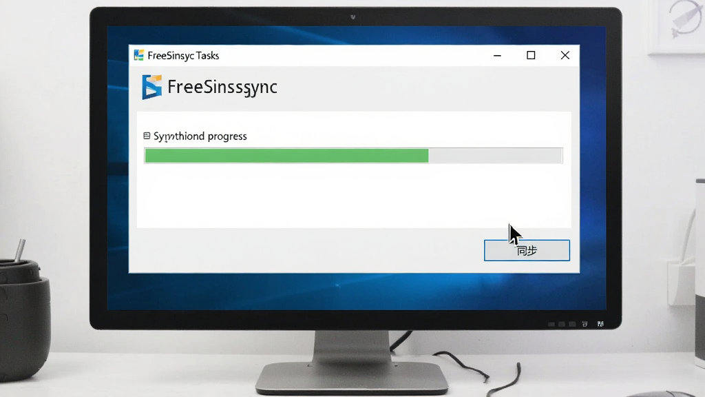 一张展示FreeFileSync在Windows电脑上运行的界面,电脑屏幕中显示同步任务进行中,进度条清晰可见,周围环境整洁,鼠标指针悬停在“同步”按钮上,整体风格明亮清晰,突出软件名称“FreeFileSync”,画质高清无多余元素