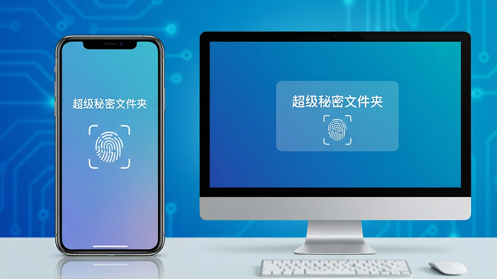 主体:一部智能手机和一台电脑显示器并排摆放,屏幕上都显示着“超级秘密文件夹”的解锁界面。布局:手机在左,电脑在右,背景为渐变色的科技蓝。排版:两个设备屏幕相互呼应,画面平衡。风格:简洁现代,色彩明快。细节:屏幕上显示指纹解锁图标,桌面干净整洁。画质:4K超清,光影自然,无多余元素。