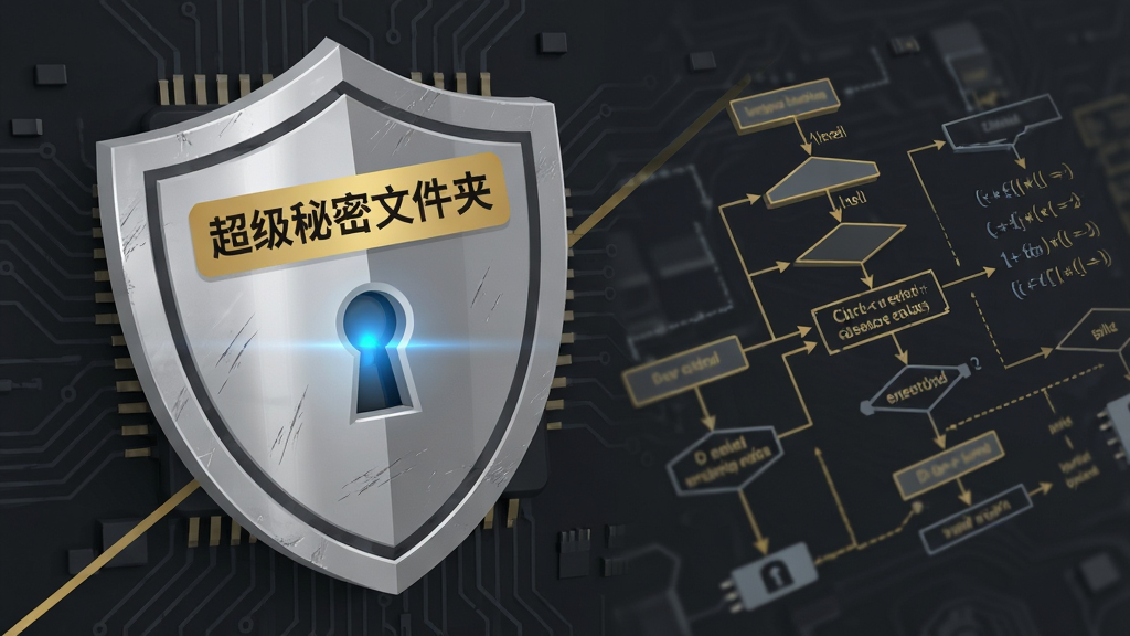 主体:一个带有“超级秘密文件夹”标签的银色盾牌,盾牌中央有锁孔。布局:盾牌置于画面左前方,右侧为复杂的加密算法流程线条图。排版:盾牌与算法图形成对角线构图,背景为深灰色电路板纹理。风格:现代扁平化与科技感融合,色彩以银灰、黑色和金色为主。细节:盾牌表面有细微的划痕质感,锁孔中透出蓝色光芒,画面干净利落。画质:高清渲染,锐度高,无多余元素。