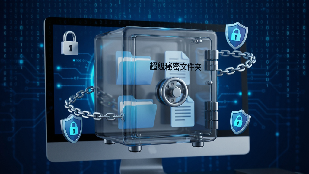 主体:一个透明的保险箱悬浮在电脑屏幕前,内部隐约可见文件夹和文档图标。布局:保险箱位于画面中央,背景为深蓝色科技感光效与数字代码雨。排版:保险箱立体感强,周围环绕着象征加密的锁链与盾牌图标。风格:写实与科技感结合,色调以深蓝、银灰和荧光蓝为主。细节:保险箱表面有“超级秘密文件夹”字样,箱体反射出柔和的光泽,画面干净无杂物。画质:4K超清,光线渲染细腻,无多余元素。