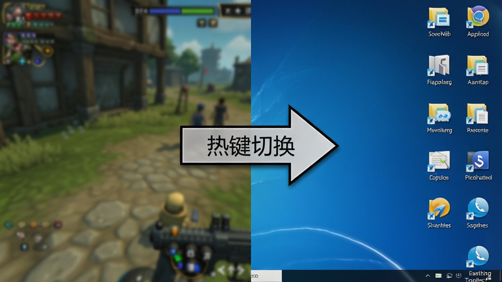 一张分屏对比图,左侧是模糊的游戏画面,右侧是清晰锐利的桌面图标,中间用箭头连接,主体是画质对比效果,布局采用左右分割排版,风格为写实屏幕截图拼合,细节包括箭头上的文字“热键切换”,画质干净无多余元素