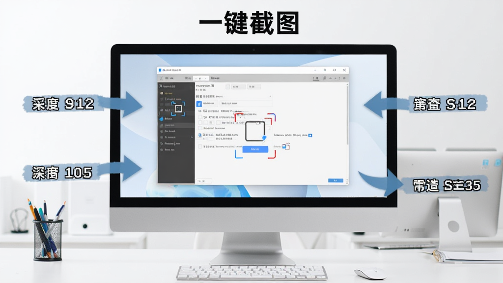 一张展示“一键截图”软件使用教程的图片,画面中一台电脑屏幕上显示软件界面,旁边有标注步骤的箭头,背景为干净的办公桌,整体风格简洁,画质清晰
