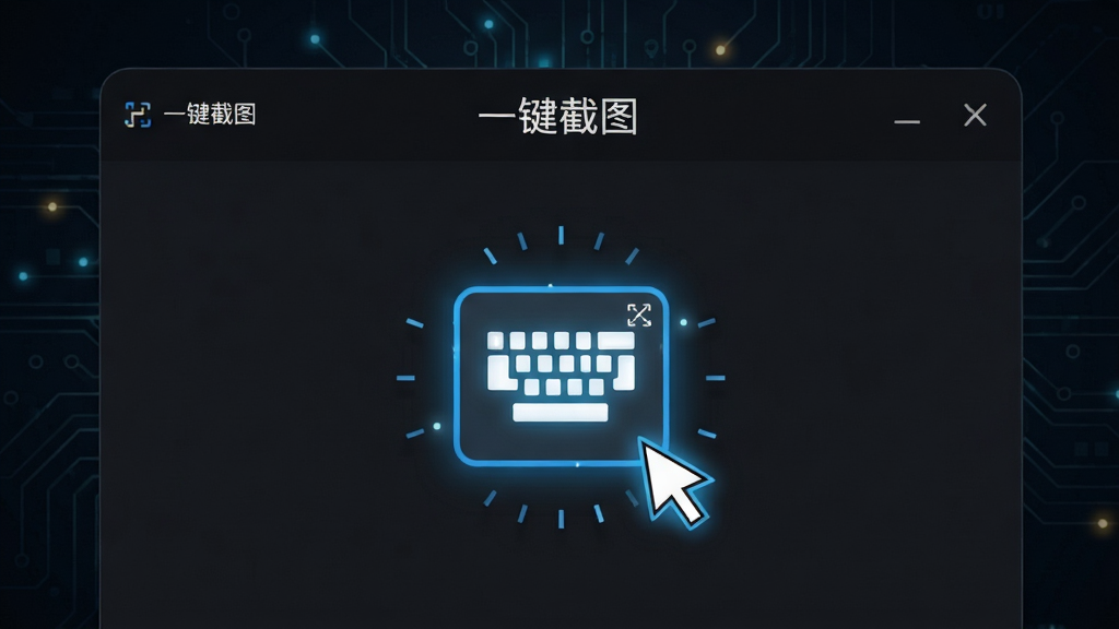 一张展示“一键截图”软件快捷键设置界面的图片,界面中键盘图标高亮显示,周围有闪烁的光标,背景为深色科技风,画质清晰,干净无杂物