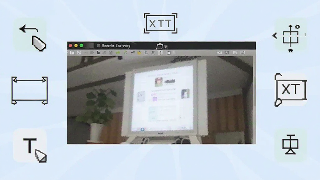 一张展示“一键截图”软件编辑功能的图片,画面中有一张截图,周围环绕各种标注工具图标,如箭头、矩形、文字框,背景为浅蓝色,整体排版整齐,风格清新,画质高