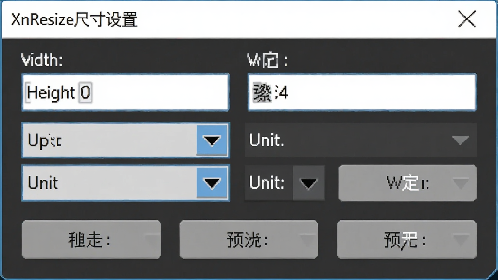 XnResize尺寸设置面板特写,主体为软件对话框显示宽度、高度输入框,下拉菜单选择单位,以及多个预设按钮,排版整齐,风格简洁,细节清晰,画质干净,无多余元素