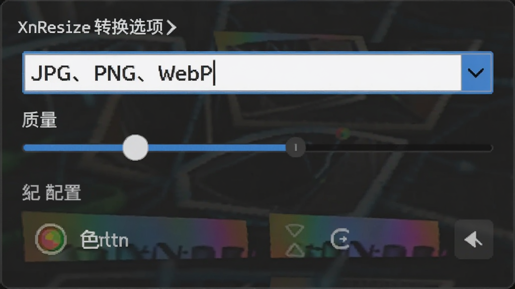 XnResize格式转换选项界面,主体为下拉菜单选择目标格式JPG、PNG、WebP,下方有质量滑块和色彩配置选项,界面清晰,风格简洁,细节丰富,画质干净,无多余元素
