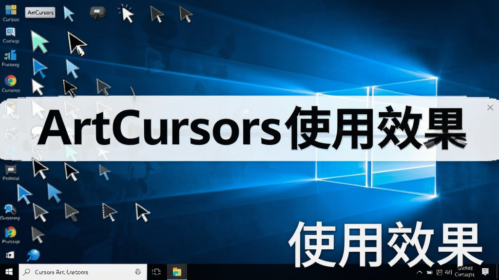 一张展示ArtCursors软件运行在Windows桌面上的效果图,桌面上可以看到各种自制的个性光标,界面整洁,风格明亮,画质清晰,细节丰富,无多余元素,文字标注“ArtCursors使用效果”