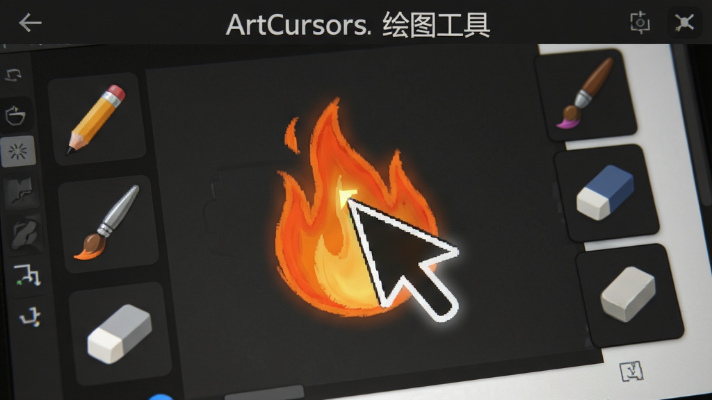 一张ArtCursors绘图工具的细节特写图,画布上展示了一个正在制作的火焰形状光标,周围环绕着铅笔、画笔、橡皮擦等工具图标,界面配色以深色为主,高亮显示当前使用的工具,画质清晰,细节丰富,干净无多余元素,文字标注“ArtCursors绘图工具”