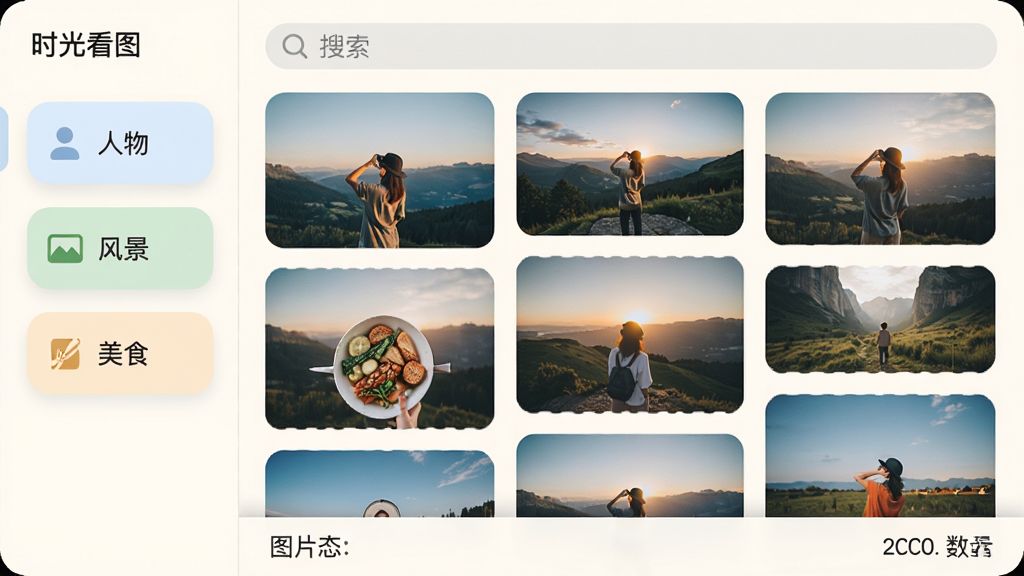 ʱ�⿴ͼ�������������棬�������ǩ������羰����ʳ�����м�ͼƬ�ٲ��������������򣬵ײ�״̬����ʾͼƬ�������������ǳɫ���⣬Բ�ǿ�Ƭ��ƣ��������ơ�ʱ�⿴ͼ����ʾ�����Ͻǣ����廭�ʣ��ɾ��޶���Ԫ��