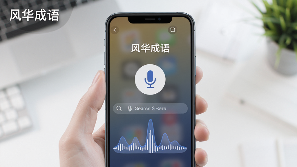 一部手机正在使用语音搜索“风华成语”,界面显示麦克风图标和搜索框,主体为操作演示,布局居中,风格现代简约,细节有语音波形动画,画质明亮干净,无多余元素,左上角标注“风华成语”