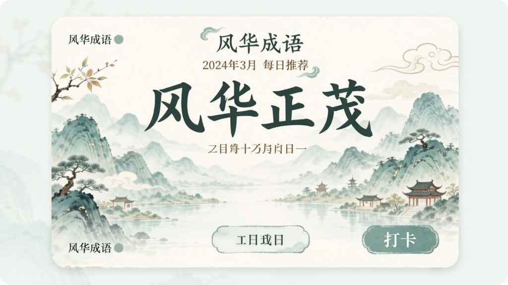 日历风格的“风华成语”每日推荐卡片,主体为成语“风华正茂”配山水背景,布局上方文字下方插画,风格清新淡雅,细节包括日期和打卡按钮,画质柔和干净,无多余元素,卡片角落标注“风华成语”
