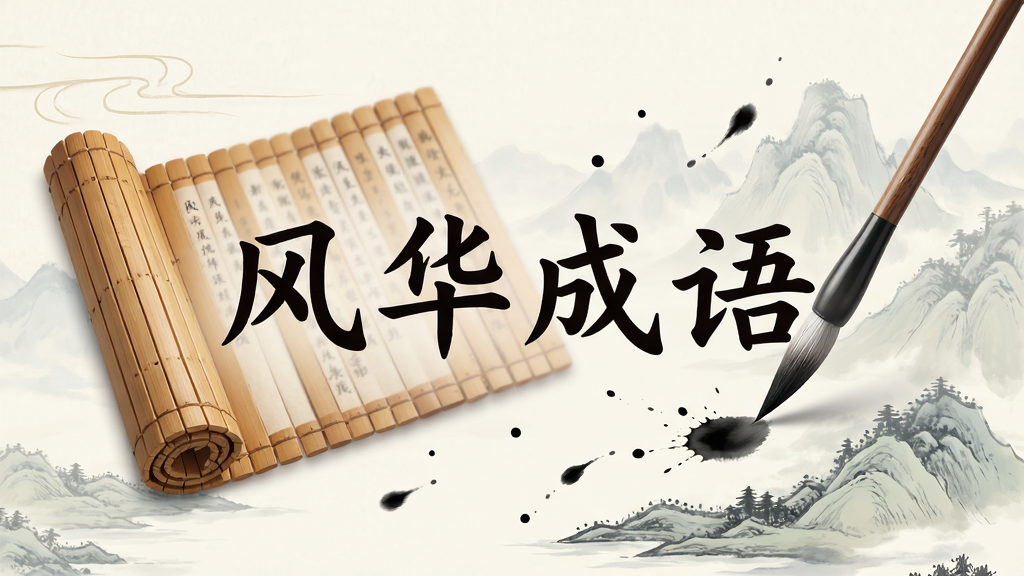 一幅以“风华成语”为主题的宣传海报,主体为古风书卷与笔墨元素,背景淡雅山水,排版居中,风格唯美古韵,细节包含翻开的竹简和飘落的墨点,画质高清干净,无多余装饰,文字标注“风华成语”四字