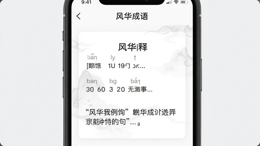 手机屏幕展示“风华成语”的词条详情页,主体为成语释义卡片,布局简洁,风格扁平化,细节包括拼音标注和例句,画质清晰干净,无多余元素,屏幕上方显示“风华成语”字样