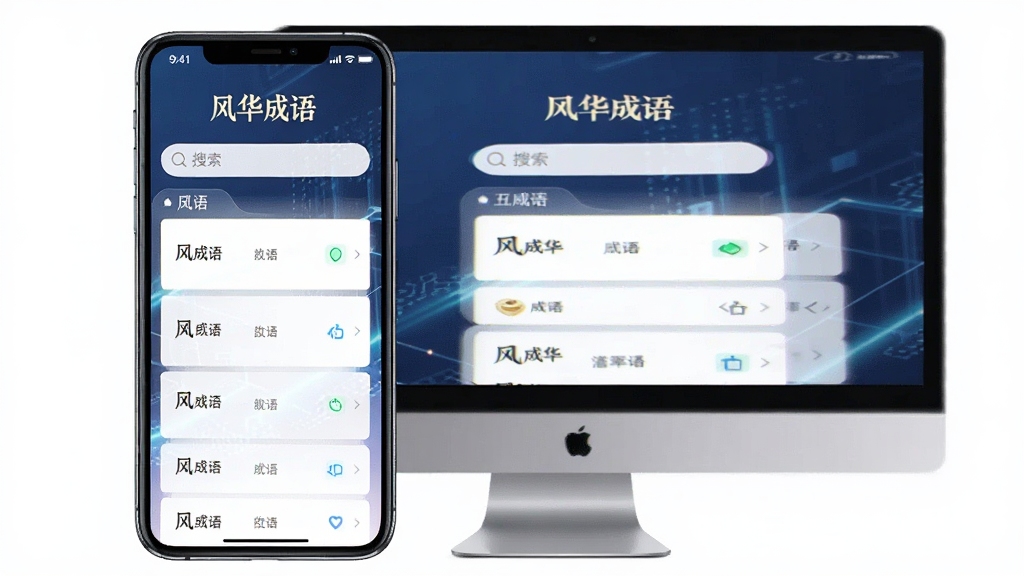 一部手机和一台电脑并排展示“风华成语”界面,主体为设备屏幕上的应用首页,布局左右对称,风格科技感,细节包括搜索栏和成语列表,画质明亮干净,无多余元素,屏幕上方标注“风华成语”