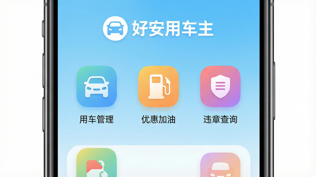 画面主体为一部智能手机屏幕正中央显示“好安用车主”APP的首页界面,界面顶部是品牌LOGO与“好安用车主”文字标识,下方依次排列“用车管理”、“优惠加油”、“违章查询”等彩色功能图标,背景为干净明亮的浅蓝色渐变,整体采用扁平化设计风格,界面布局清晰,图标圆润,色彩柔和,画质高清,干净无多余元素,突出软件核心功能与品牌形象