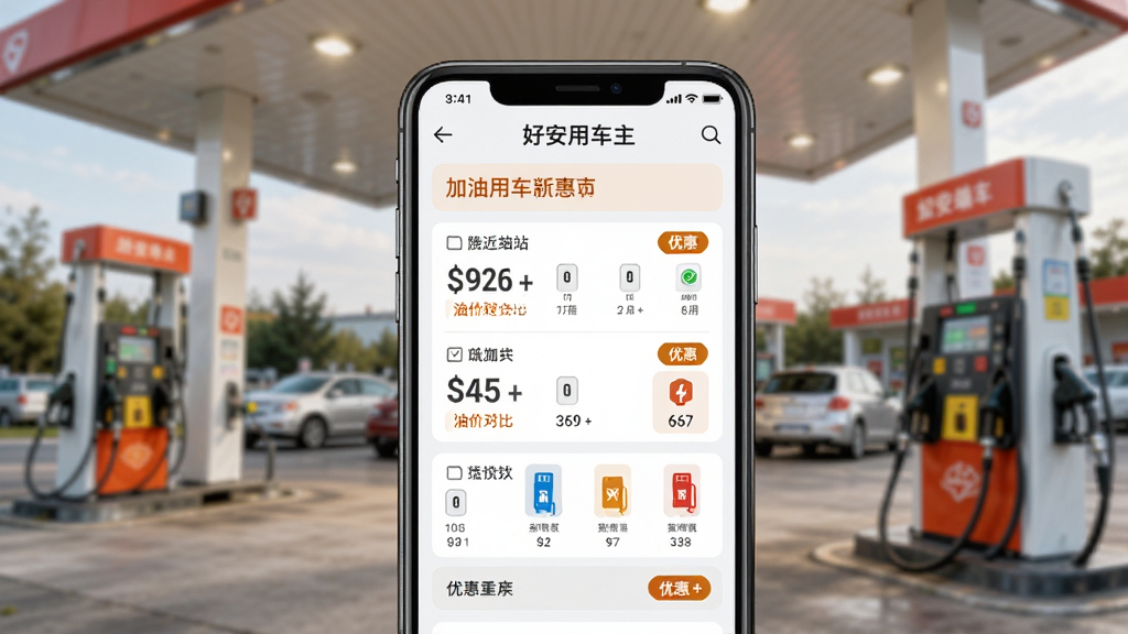 画面主体为一部手机展示“好安用车主”的加油优惠页面,页面显示附近加油站列表、油价对比、优惠标签,背景为模糊的加油站场景,整体风格明亮清晰,突出优惠数字与油站信息,采用扁平与写实结合风格,画质高清,干净无多余元素