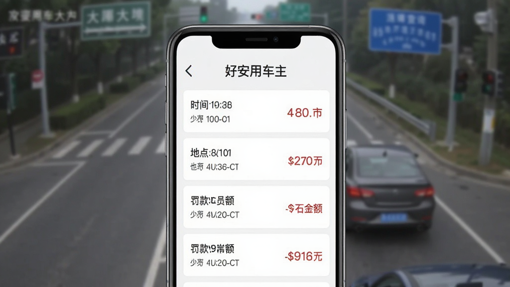 画面主体为手机屏幕展示“好安用车主”的违章查询结果页面,页面以列表形式呈现违章项目,每条包含时间、地点、罚款金额,整体界面简洁,背景为道路监控模糊画面,采用扁平设计,画质清晰,干净无多余元素