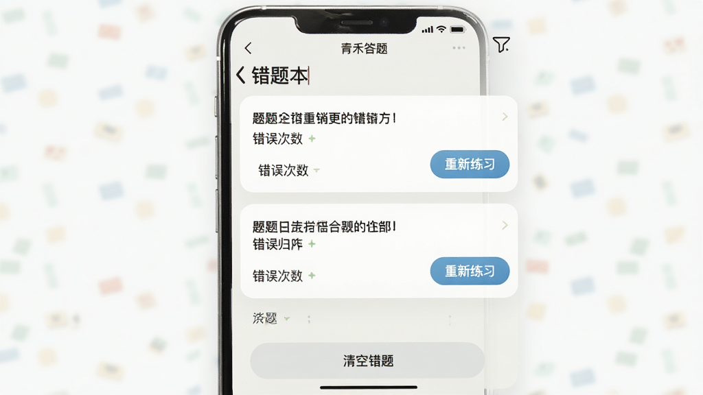 主体:手机屏幕显示青禾答题“错题本”页面,顶部有“错题归档”标题,下方列表展示错题题目。布局:手机竖屏,列表式布局。排版:每条错题显示题目摘要、错误次数和“重新练习”按钮。风格:浅色背景,圆角设计。细节:右上角有筛选图标,底部有“清空错题”按钮。画质:高清,干净,无多余元素。