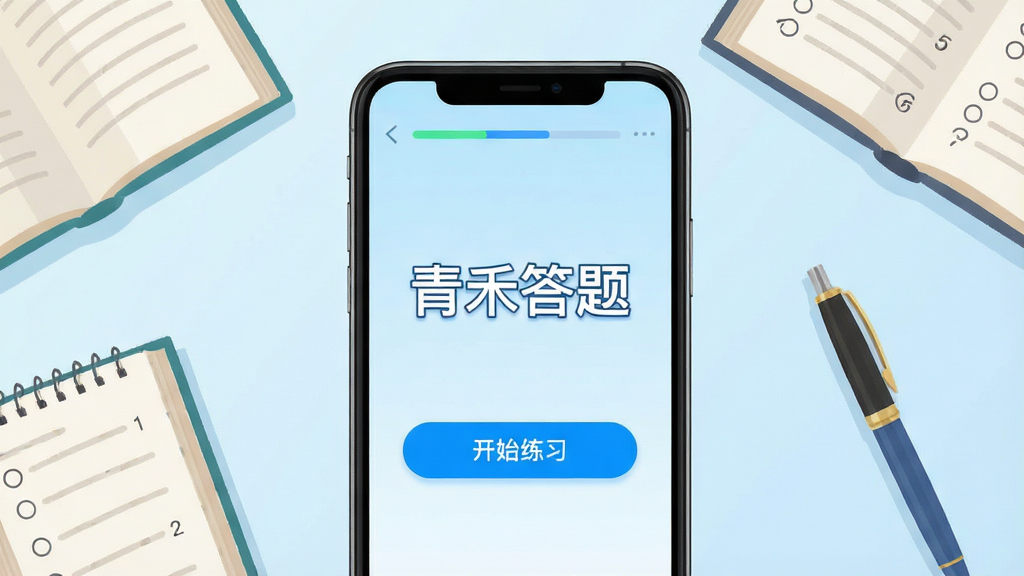 主体:手机屏幕展示青禾答题主界面,界面中央显示“青禾答题”字样,下方有“开始练习”按钮,背景为淡蓝色渐变。布局:手机居中,屏幕内容清晰可见,周围有书本和笔的装饰元素。排版:界面简洁,按钮醒目,文字清晰。风格:扁平化设计,色彩明亮,现代感强。细节:屏幕内显示几道选择题样式,顶部有进度条。画质:高清,干净,无多余元素。