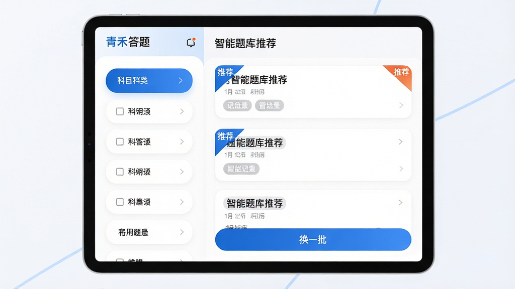 主体:青禾答题应用界面展示“智能题库推荐”功能,左侧列出科目分类,右侧显示推荐题目列表。布局:平板设备横屏展示,界面分栏清晰。排版:科目列表采用圆角卡片,推荐题目带有标签。风格:简洁商务风,蓝色主调。细节:题目卡片上有“推荐”角标,底部有“换一批”按钮。画质:高清,干净,无多余元素。