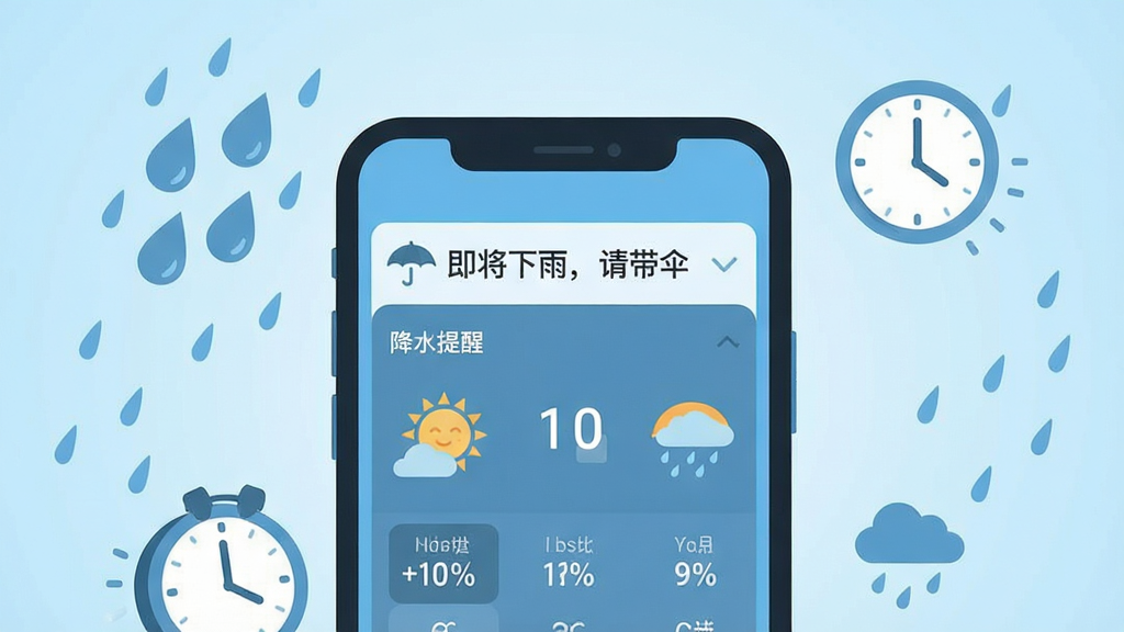 一幅扁平化风格的功能示意图,中央是智能手机,手机屏幕显示降水趋势天气预报的提醒通知,通知栏标有