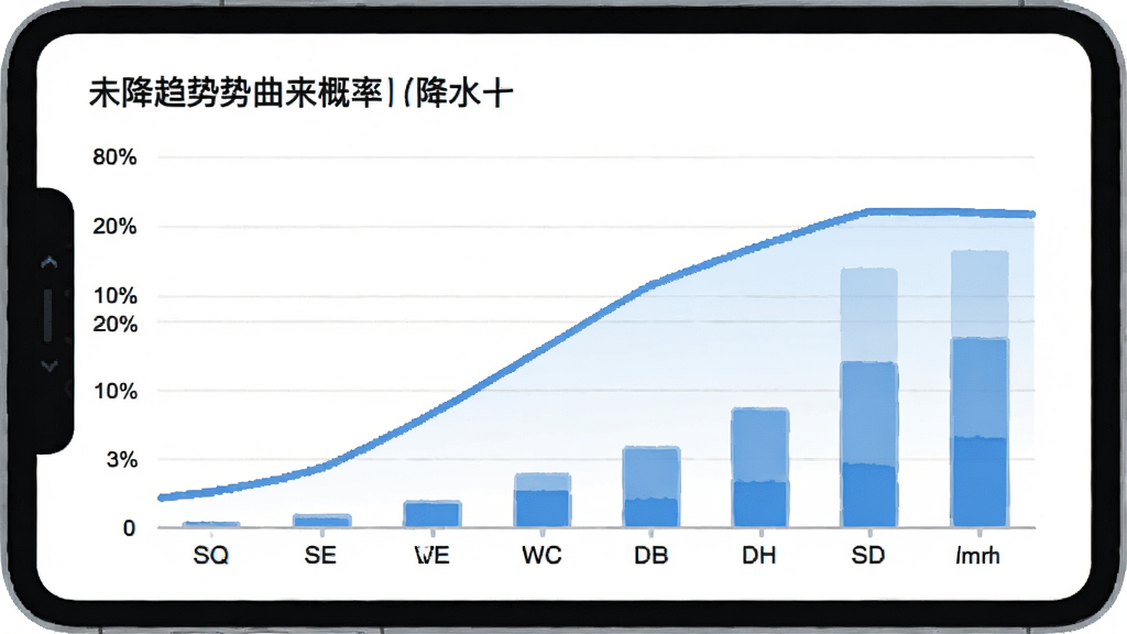 一幅展示降水趋势天气预报应用未来七天降水趋势曲线图的插画,背景为干净的白色界面,曲线图用蓝色线条表示降水概率,柱状图表示降水量,横轴标注星期,纵轴标注百分比和毫米,整体风格简洁现代,注重数据可视化,画质清晰,无多余元素