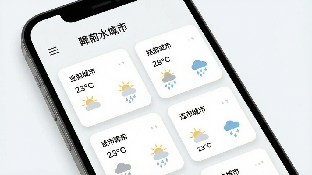 一幅手机界面设计图,显示降水趋势天气预报的城市管理页面,顶部是当前定位城市,下方排列着多个城市卡片,每个卡片显示城市名称、温度、降水概率和天气图标,背景为浅色,卡片有圆角阴影,风格简洁,布局整齐,突出多城市切换的便捷性,画质干净,无多余元素