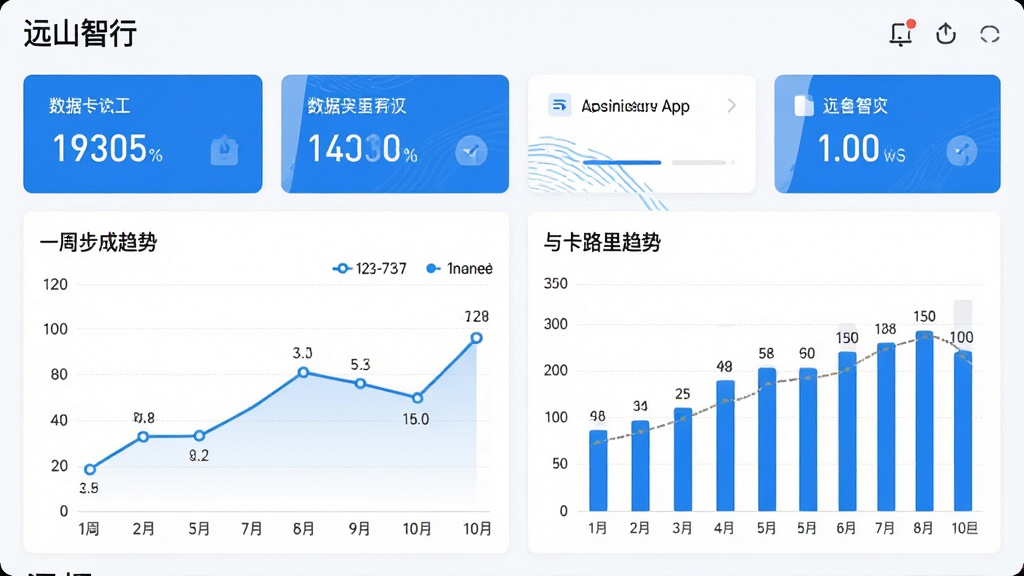 һ������ͼ��չʾͼ�������ǡ�Զɽ���С�APP�ڵı���ҳ�棬��������ͼ����״ͼ��չʾһ�ܵĲ����뿨·�����ƣ�����Ϊ���½ṹ���Ϸ�Ϊ����ժҪ��Ƭ���·�Ϊͼ���������Ϊ�����࣬��ɫ�԰�ɫ����ɫΪ����ϸ�ڰ����������ǩ�����ݵ㣬���ʸɾ�
