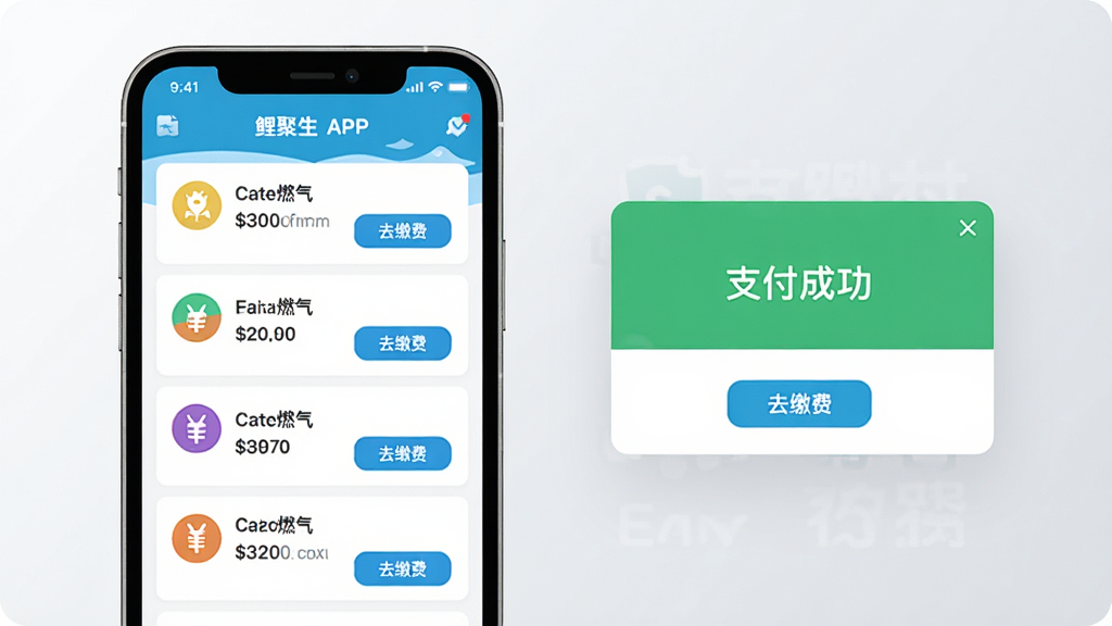 画面主体为鲤聚生活APP的缴费功能界面,屏幕上展示水电燃气等缴费项目列表,每个项目配有彩色小图标,下方有“去缴费”按钮。手机位于画面左侧,右侧悬浮着支付成功的弹窗,显示“支付成功”字样。背景为干净的浅灰色渐变,整体风格扁平化UI设计,色彩明快,画质干净,无多余元素。