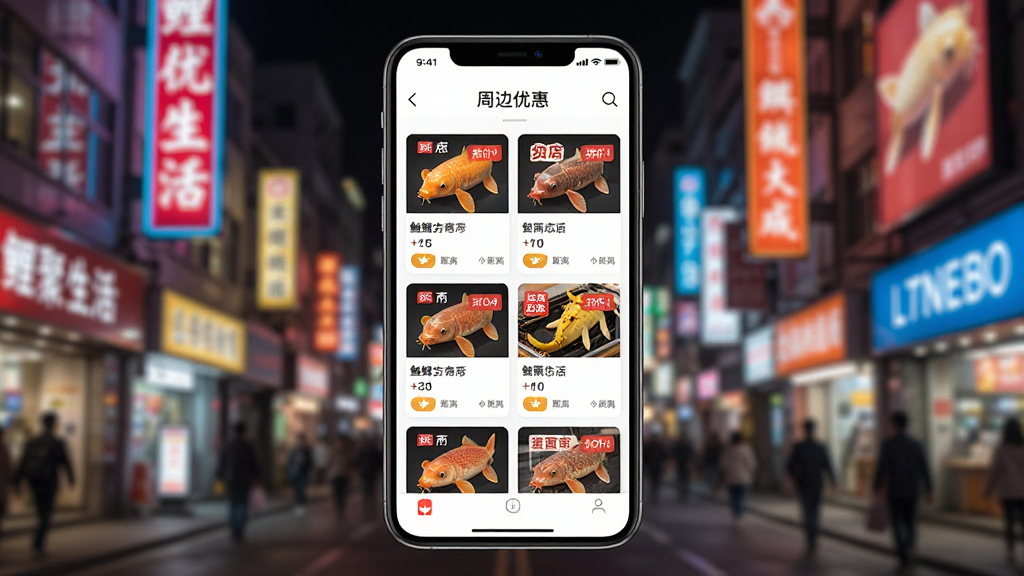 画面主体为鲤聚生活APP的周边优惠界面,手机屏幕上以卡片形式展示多个商家优惠信息,包含店铺名称、折扣标签、距离等元素,卡片排列整齐。手机背景为繁华的商业街景,夜晚霓虹灯闪烁,带有虚化效果。画面风格为现代都市摄影风格,色彩鲜艳,画质干净,无多余元素。