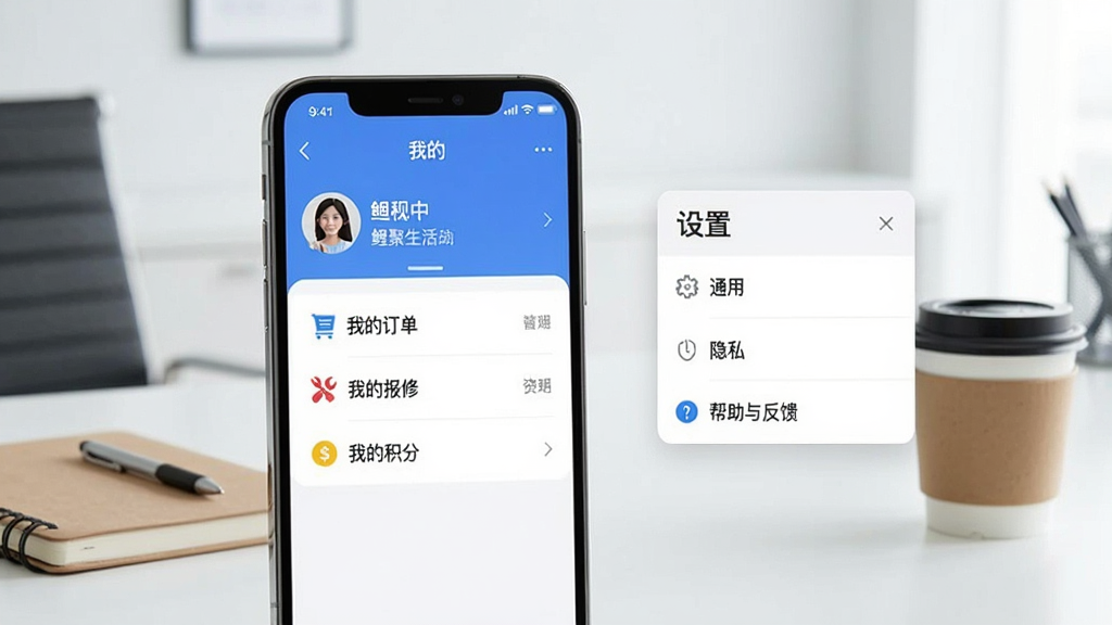 画面主体为一部手机竖屏展示鲤聚生活APP的“我的”页面,页面顶部显示用户头像与昵称,下方为功能列表如“我的订单”、“我的报修”、“我的积分”。手机位于画面中央偏左,右侧则有一个悬浮窗口显示“设置”菜单,包含“通用”、“隐私”、“帮助与反馈”等选项。背景为简洁的现代办公室环境,桌面有笔记本和咖啡杯,整体色调明亮。画质干净,无多余元素。