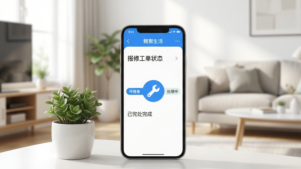 画面主体为鲤聚生活APP的报修功能界面,手机屏幕上显示报修工单状态,包括“待接单”、“处理中”、“已完成”三个进度节点,中间有一个扳手图标。手机旁边放着一个小型绿植盆栽,背景为明亮的现代简约风格客厅一角,自然光充足。画面风格为写实摄影与UI界面结合,细节丰富,画质干净,无多余元素。