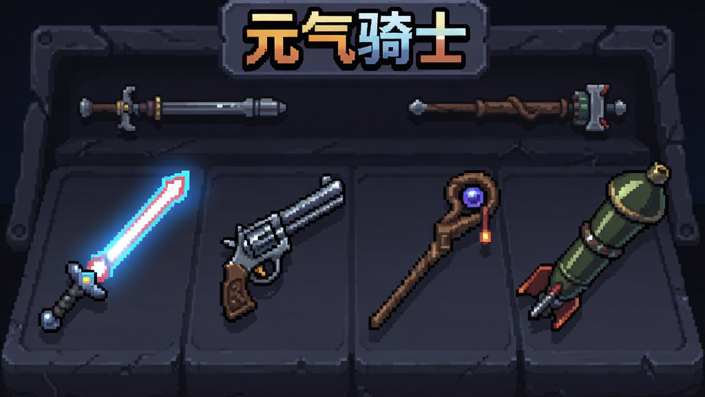 游戏《元气骑士》武器展示界面,画面中央陈列着各式各样的武器,包括一把发光的激光剑、一把左轮手枪、一根木质法杖和一个火箭筒,武器排列整齐,背景是深色的武器架,上方有“元气骑士”字体标识,像素风格,细节丰富,光影质感强,画质干净,无多余元素。