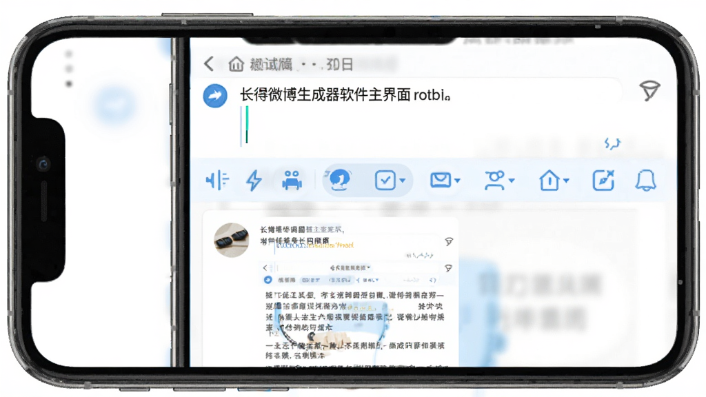 长微博生成器软件主界面预览图,展示手机屏幕中正在编辑长微博的界面,上方有文字输入区域和工具栏,下方有预览长图效果,整体风格简洁明亮,以白色和蓝色为主色调,图标清晰,布局合理,画质干净,无多余元素