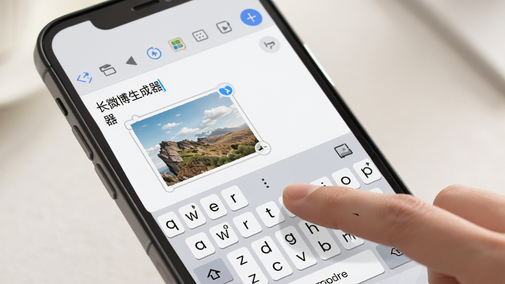 长微博生成器手机端编辑界面示意图,展示手指点击屏幕进行文字输入和图片插入的场景,屏幕上有虚拟键盘和工具栏,界面简洁,光线柔和,画质干净,无多余元素
