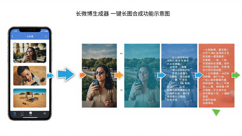 长微博生成器一键长图合成功能示意图,展示手机屏幕上多张图片和文字被拖动排列,然后自动拼接成一张完整长图的过程,界面有箭头指示,风格简洁,色彩鲜明,画质清晰,无多余元素