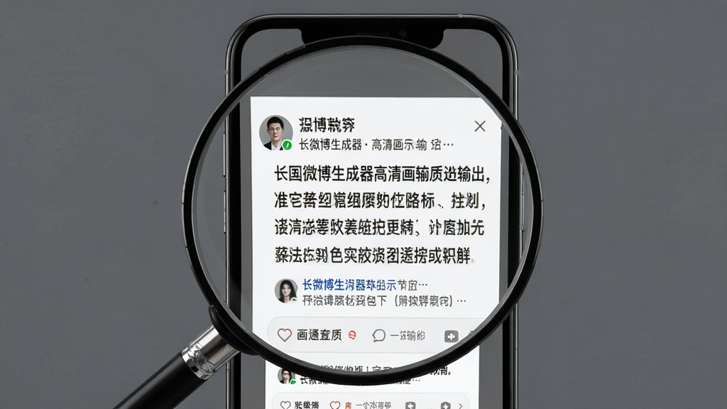 长微博生成器高清画质输出示意图,展示一张长微博长图在手机屏幕上放大后文字依然清晰锐利的细节,背景为纯色,突出长图细节,画质干净,无多余元素