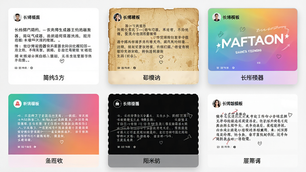长微博生成器丰富排版模板展示图,展示多款不同风格的长微博模板,包括简约白底黑字、复古黄纸纹理、渐变彩色背景等,每个模板下方标注名称,界面以网格形式排列,风格时尚,画质细腻,无多余元素