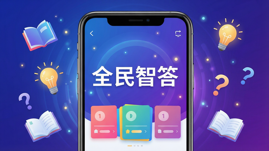 画面主体为一部智能手机屏幕展示全民智答应用界面,屏幕中央显示“全民智答”四个大字和多彩答题卡片,背景为渐变的蓝紫色科技感光效,周围浮动着书本、灯泡、问号等知识元素,整体布局居中对称,排版清晰醒目,风格现代简约,细节处有微光粒子点缀,画质高清干净,无多余元素。