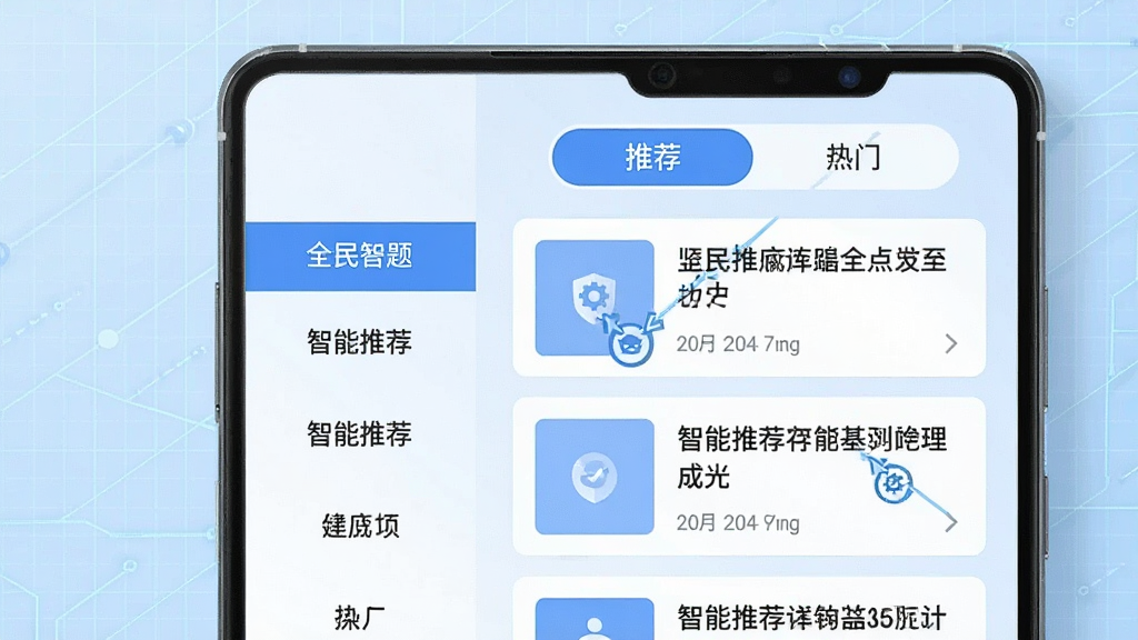 画面主体为手机界面展示全民智答题库推荐功能,界面左侧是分类标签,右侧是题目卡片列表,上方有“推荐”和“热门”切换按钮,背景为淡蓝色科技网格,整体布局简洁清晰,排版整齐,风格扁平化,细节标注“智能推荐”字样,画质干净明亮,无多余元素。